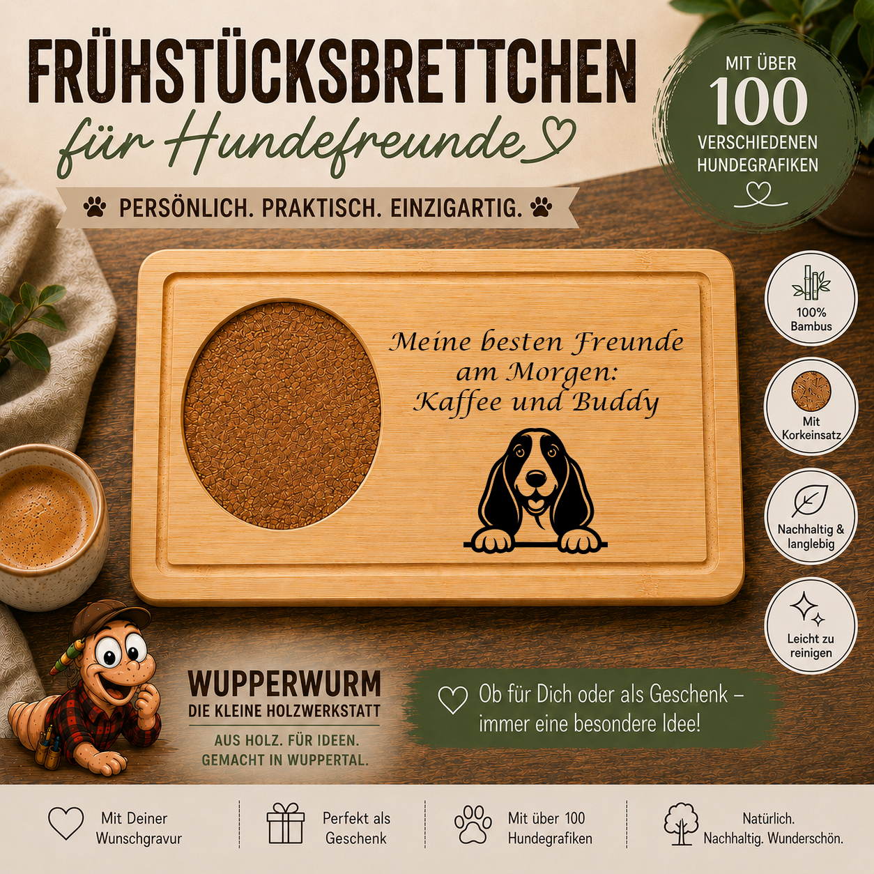 Basset Hound: Personalisiertes Frühstücksbrettchen für Hundefreunde – mit Wunschgravur & Hundemotiv