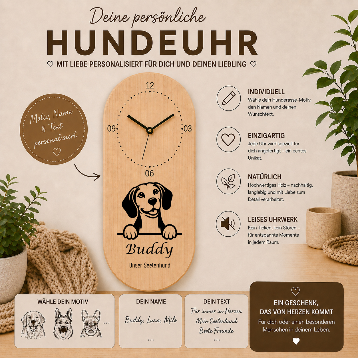 Beagle: Personalisierte Hundeuhr | Wanduhr aus Holz | Geschenk für Hundefreunde & Hundebesitzer