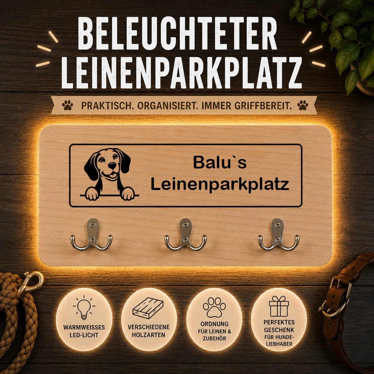Beagle: Beleuchteter Leinenparkplatz – personalisiert mit Name & Hundemotiv