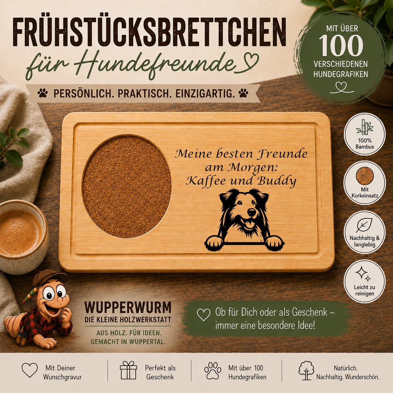 Bearded Collie: Personalisiertes Frühstücksbrettchen für Hundefreunde – mit Wunschgravur & Hundemotiv