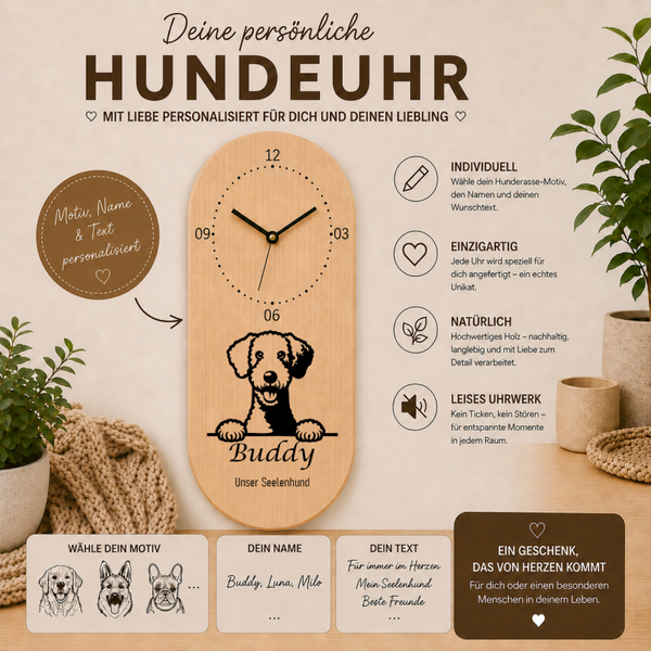 Bedlington Terrier: Personalisierte Hundeuhr | Wanduhr aus Holz | Geschenk für Hundefreunde & Hundebesitzer