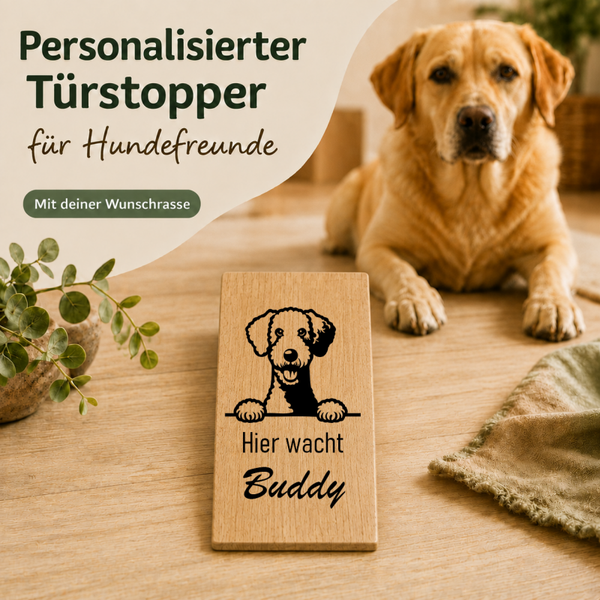 Bedlington Terrier: Personalisierter Türkeil / Türstopper für Hundefreunde mit Wunschgravur. Buche massiv