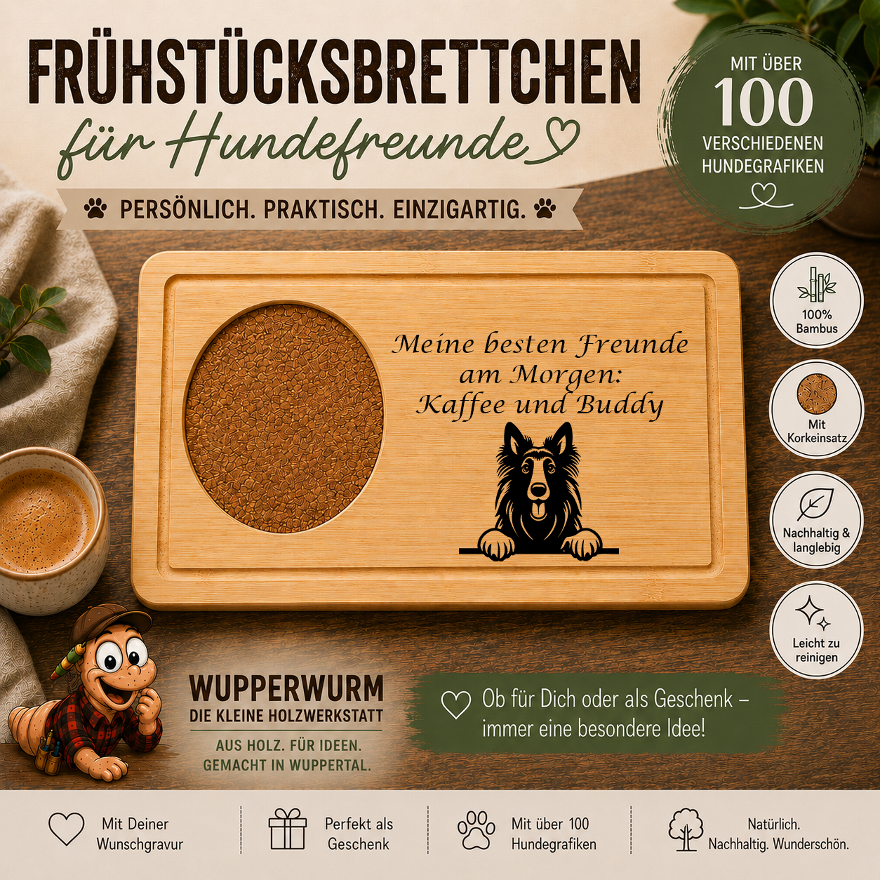 Belgischer Schäferhund Tervueren: Personalisiertes Frühstücksbrettchen für Hundefreunde – mit Wunschgravur & Hundemotiv