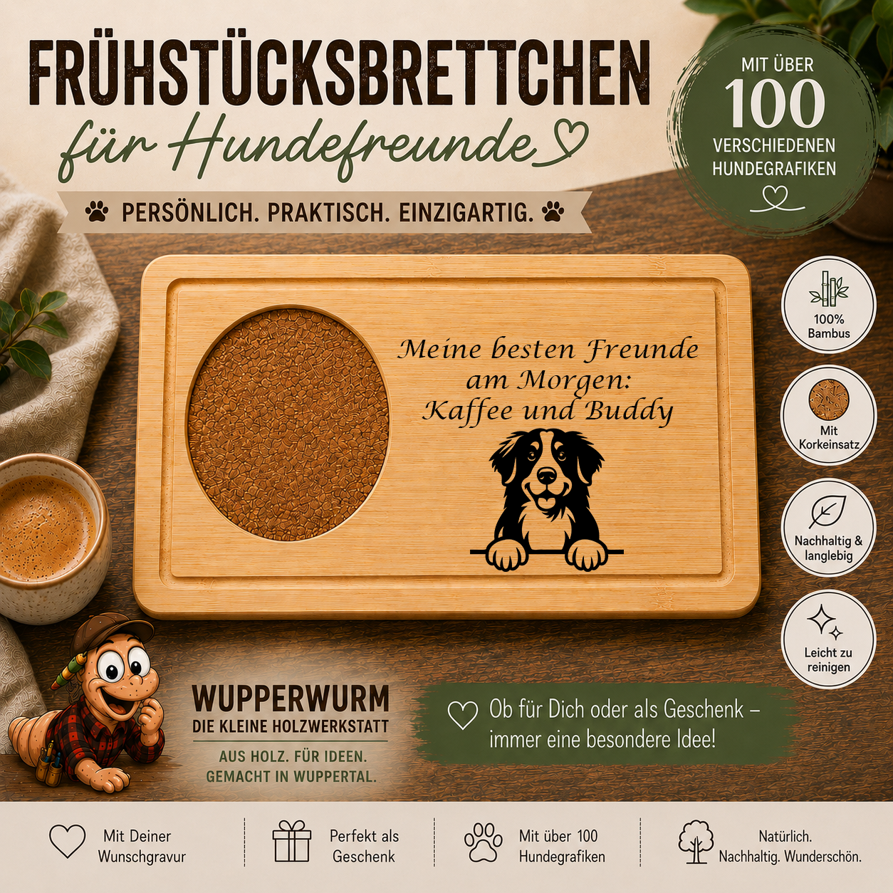 Berner Sennenhund: Personalisiertes Frühstücksbrettchen für Hundefreunde – mit Wunschgravur & Hundemotiv