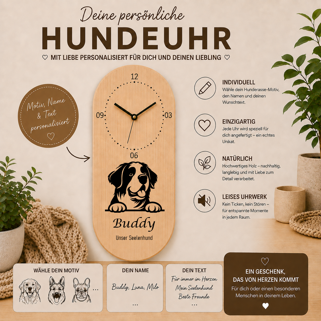 Bernhardiner: Personalisierte Hundeuhr | Wanduhr aus Holz | Geschenk für Hundefreunde & Hundebesitzer