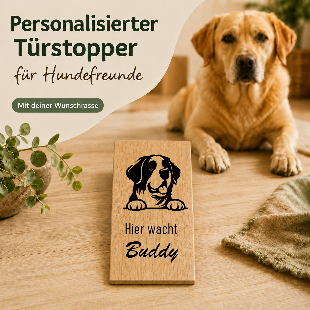Bernhardiner: Personalisierter Türkeil / Türstopper für Hundefreunde mit Wunschgravur. Buche massiv