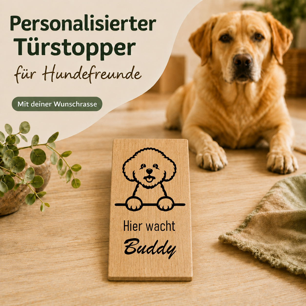 Bichon Frisè: Personalisierter Türkeil / Türstopper für Hundefreunde mit Wunschgravur. Buche massiv