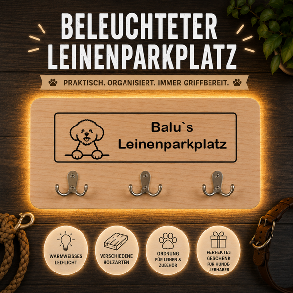 Bichon Frisè: Beleuchteter Leinenparkplatz – personalisiert mit Name & Hundemotiv