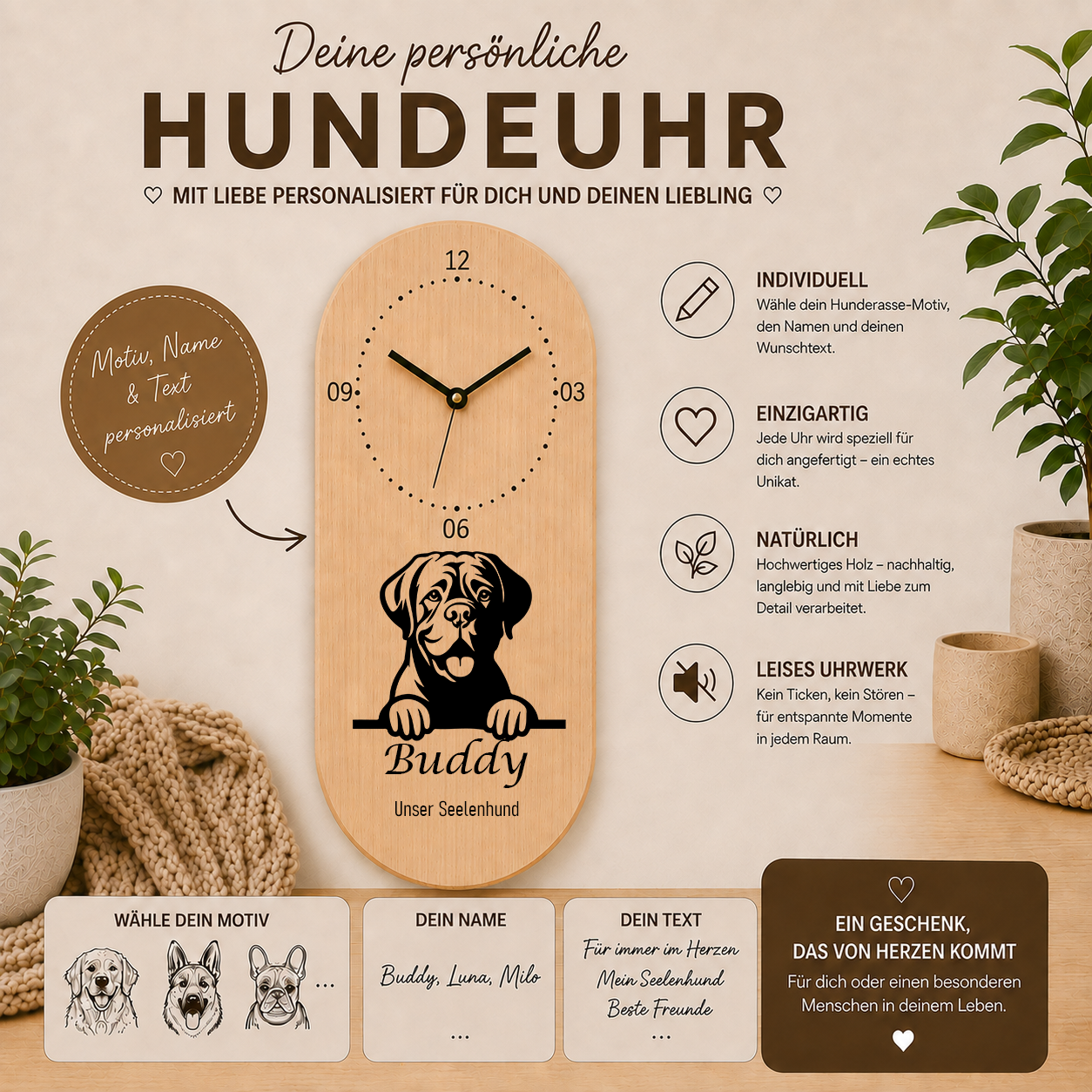 Bordeauxdogge: Personalisierte Hundeuhr | Wanduhr aus Holz | Geschenk für Hundefreunde & Hundebesitzer