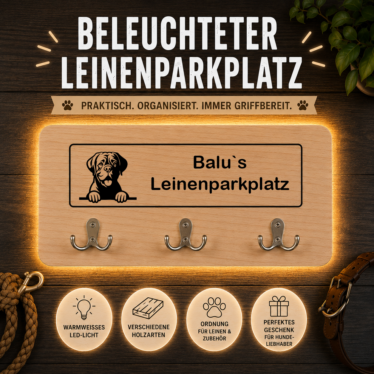 Bordeauxdogge: Beleuchteter Leinenparkplatz – personalisiert mit Name & Hundemotiv