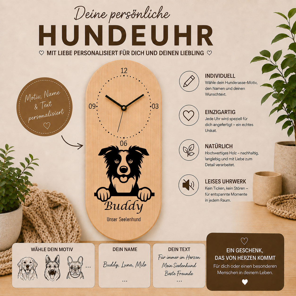 Border Collie: Personalisierte Hundeuhr | Wanduhr aus Holz | Geschenk für Hundefreunde & Hundebesitzer