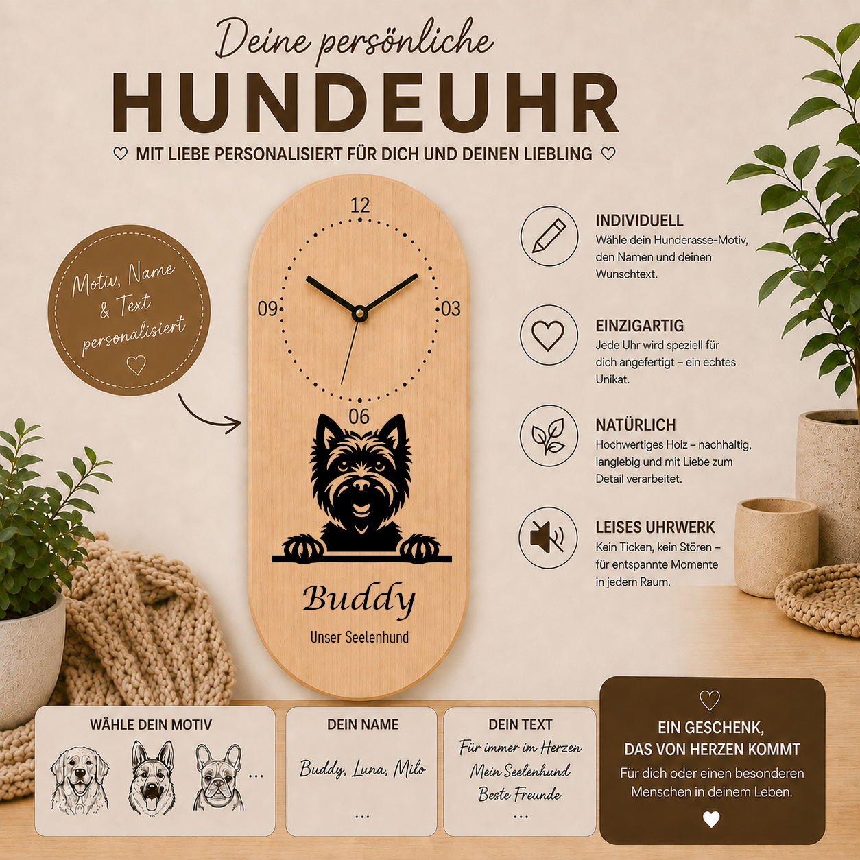 Cairn Terrier: Personalisierte Hundeuhr | Wanduhr aus Holz | Geschenk für Hundefreunde & Hundebesitzer
