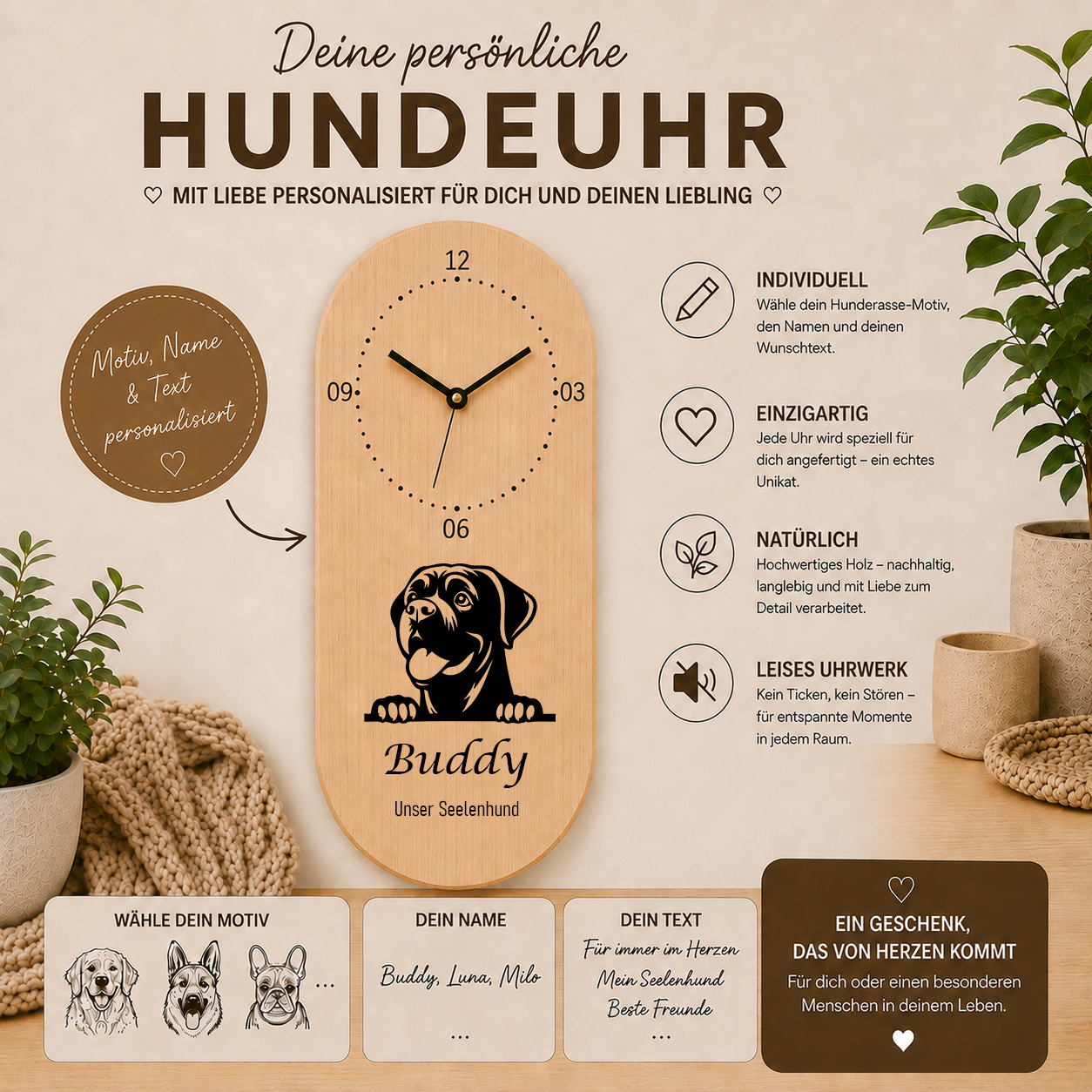 Cane Corso: Personalisierte Hundeuhr | Wanduhr aus Holz | Geschenk für Hundefreunde & Hundebesitzer