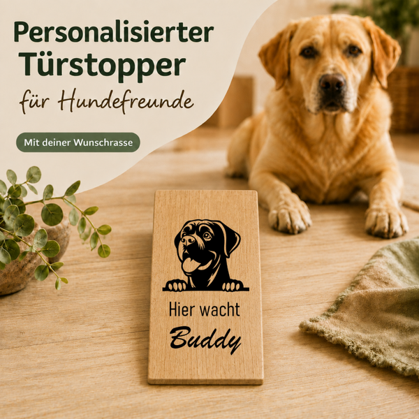 Cane Corso: Personalisierter Türkeil / Türstopper für Hundefreunde mit Wunschgravur. Buche massiv