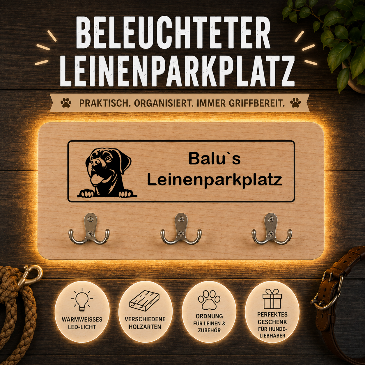 Cane Corso: Beleuchteter Leinenparkplatz – personalisiert mit Name & Hundemotiv