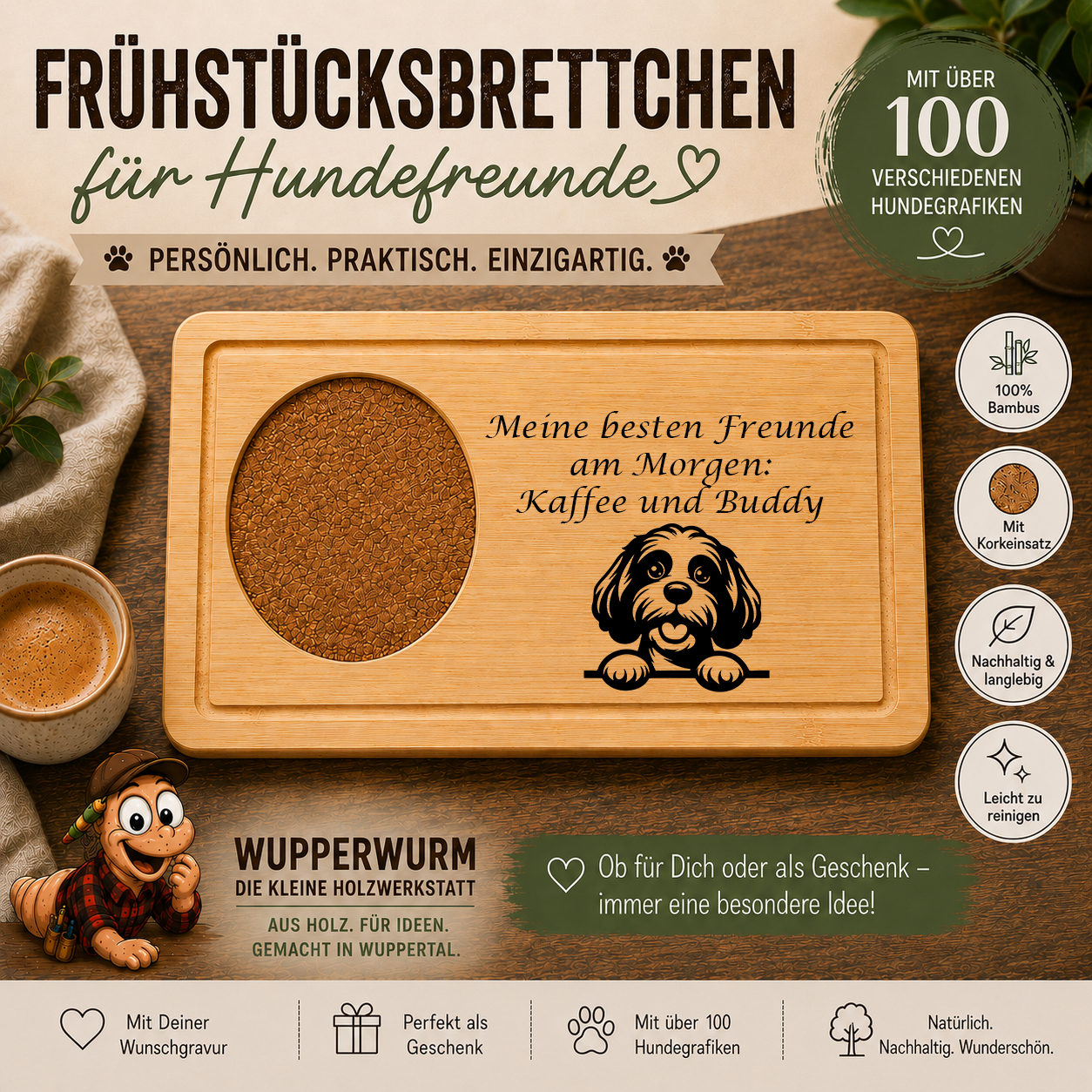 Cavapoo: Personalisiertes Frühstücksbrettchen für Hundefreunde – mit Wunschgravur & Hundemotiv