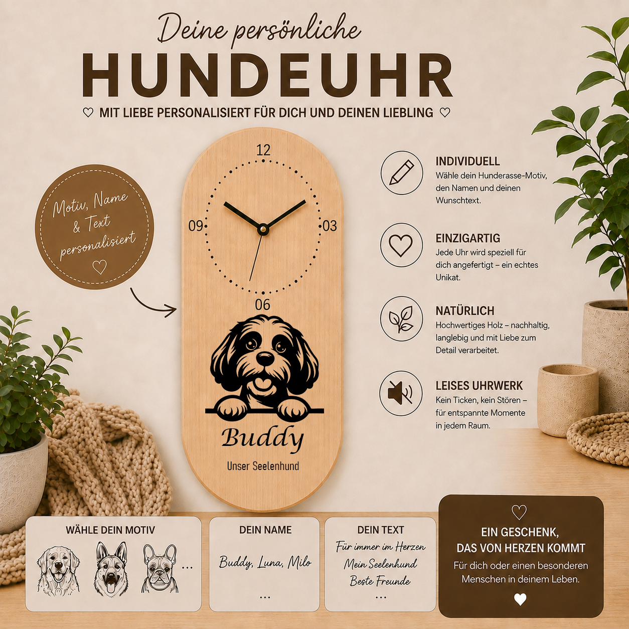 Cavapoo: Personalisierte Hundeuhr | Wanduhr aus Holz | Geschenk für Hundefreunde & Hundebesitzer