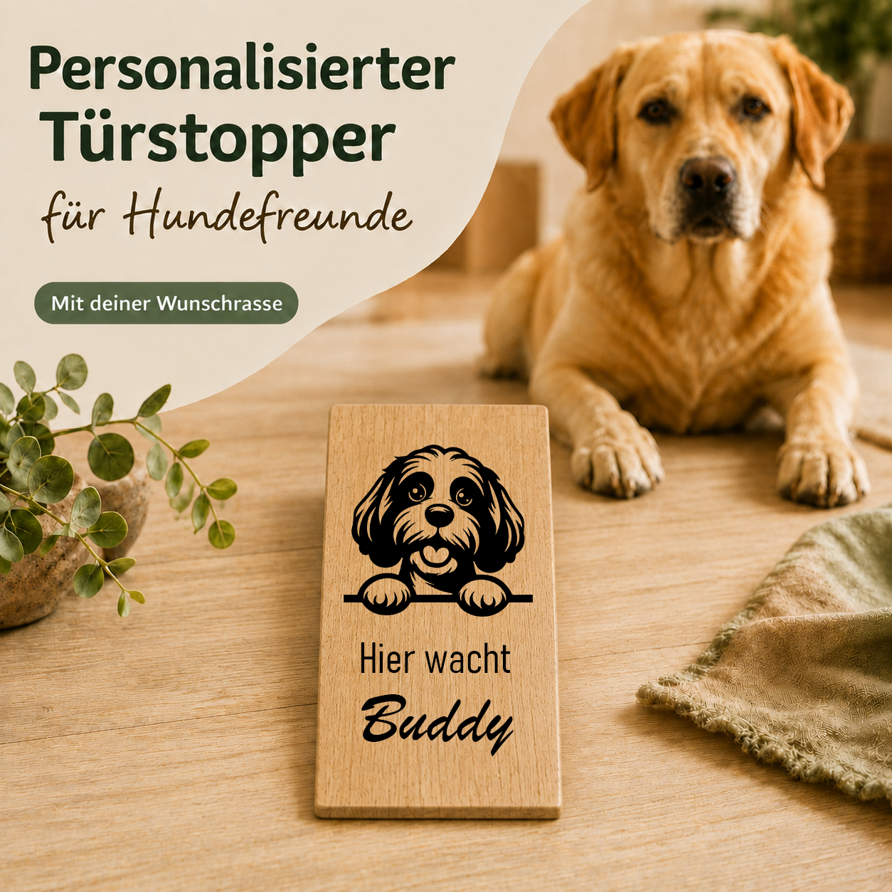 Cavapoo: Personalisierter Türkeil / Türstopper für Hundefreunde mit Wunschgravur. Buche massiv