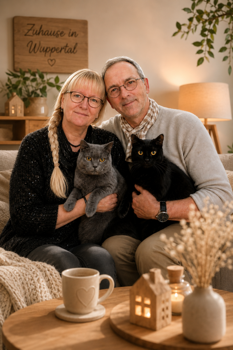 Gemütliches Familienportrait des Inhaber- Paares mit ihren zwei Katzen in einem warmen Wohnzimmer im natürlichen Beige- und Holzstil mit hyggeliger Wohnatmosphäre