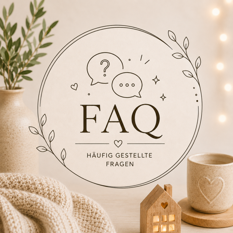 Kategoriebild FAQ im warmen Beige- und Naturstil mit Sprechblasen, dekorativen Pflanzen und gemütlichen Wohnaccessoires für häufig gestellte Fragen.