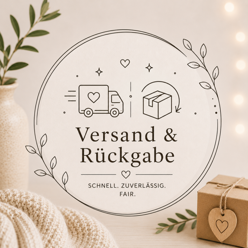 Kategoriebild Versand und Rückgabe im minimalistischen Naturstil mit Paket-, Liefer- und Rückgabe-Symbolen in warmen Beige- und Holztönen.