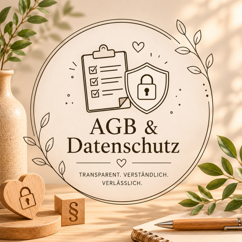 Kategoriebild AGB und Datenschutz im modernen Beige-Design mit Dokumenten- und Schloss-Symbolen für rechtliche Informationen und Datenschutz.