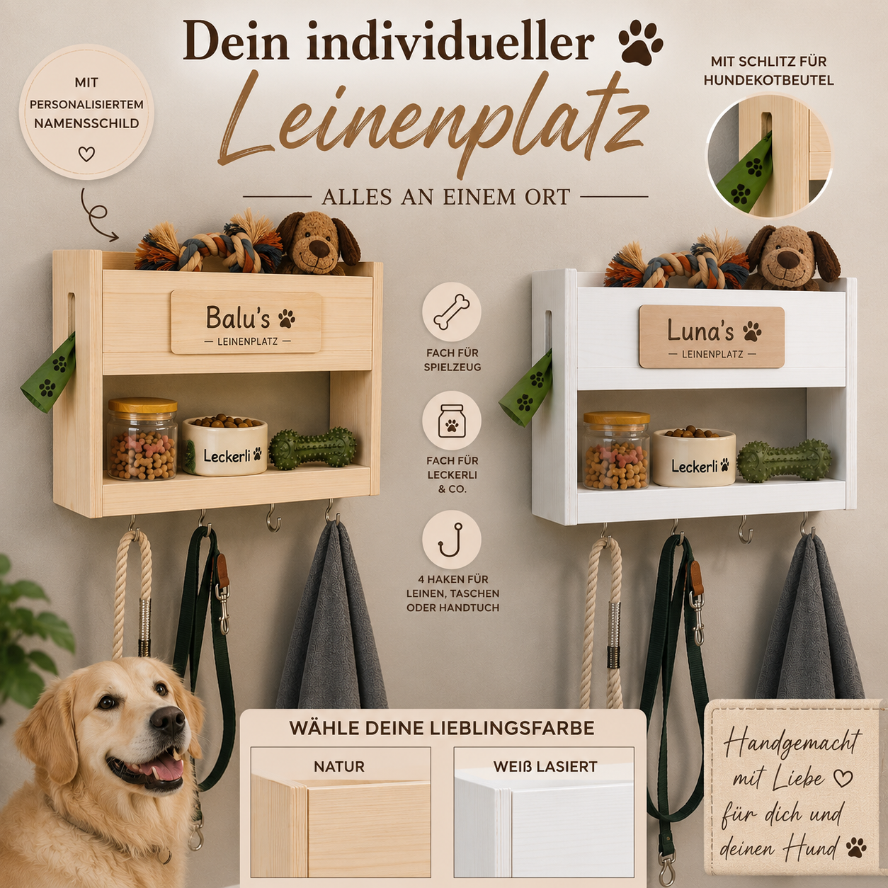 Leinenparkplatz für Hunde – Personalisierte Hundegarderobe aus Holz mit Namensschild