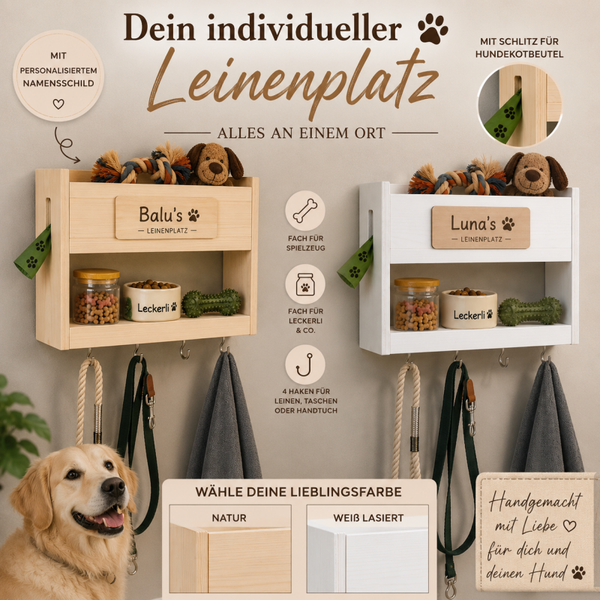 Leinenparkplatz für Hunde – Personalisierte Hundegarderobe aus Holz mit Namensschild