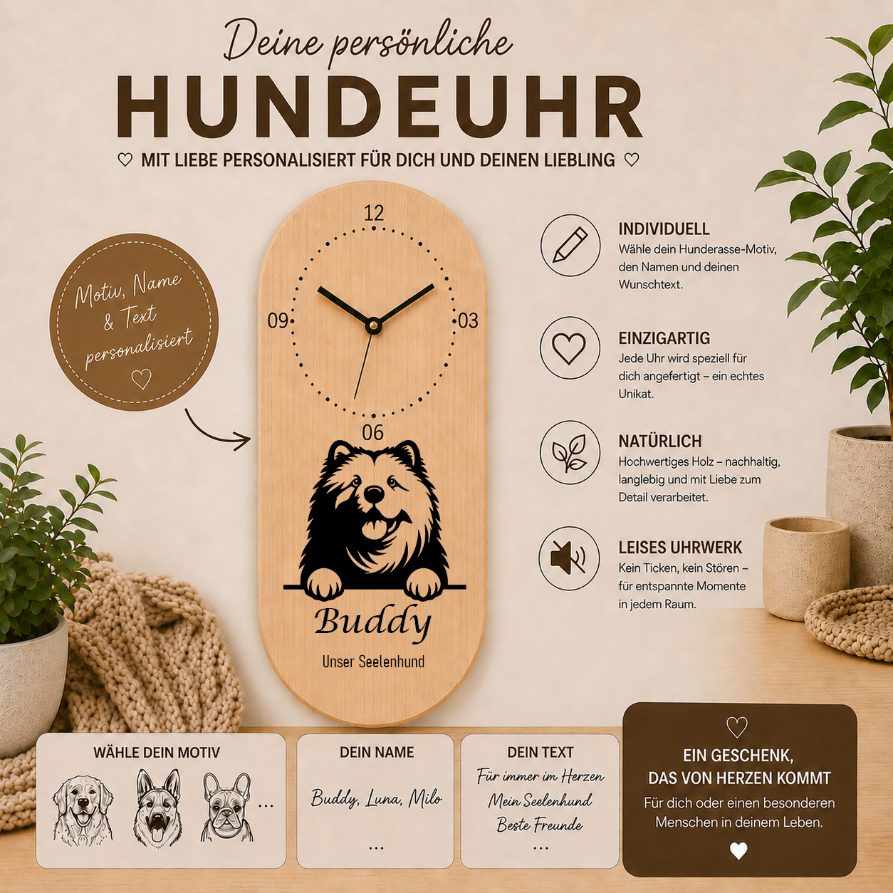 Chow Chow: Personalisierte Hundeuhr | Wanduhr aus Holz | Geschenk für Hundefreunde & Hundebesitzer