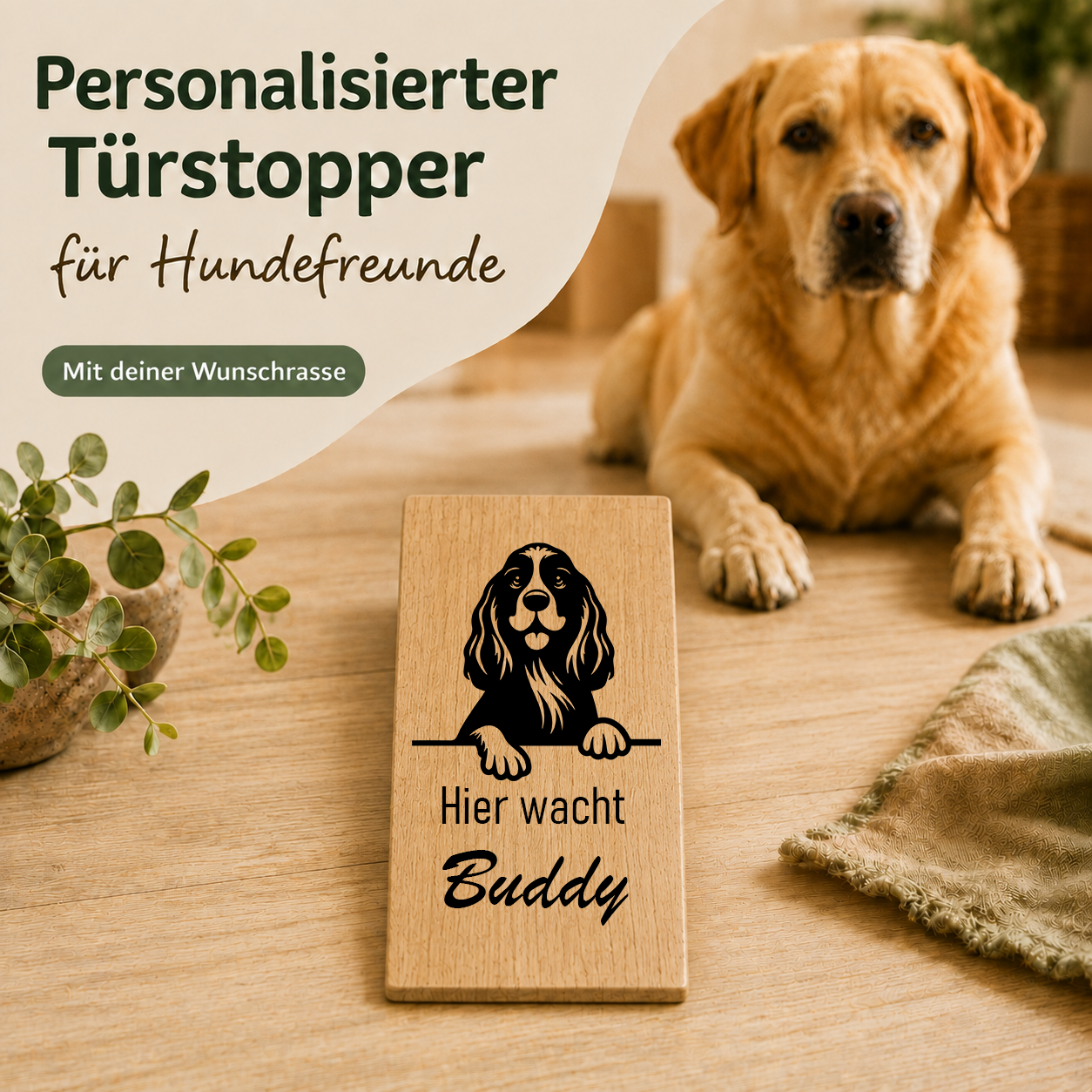 Cocker Spaniel: Personalisierter Türkeil / Türstopper für Hundefreunde mit Wunschgravur. Buche massiv