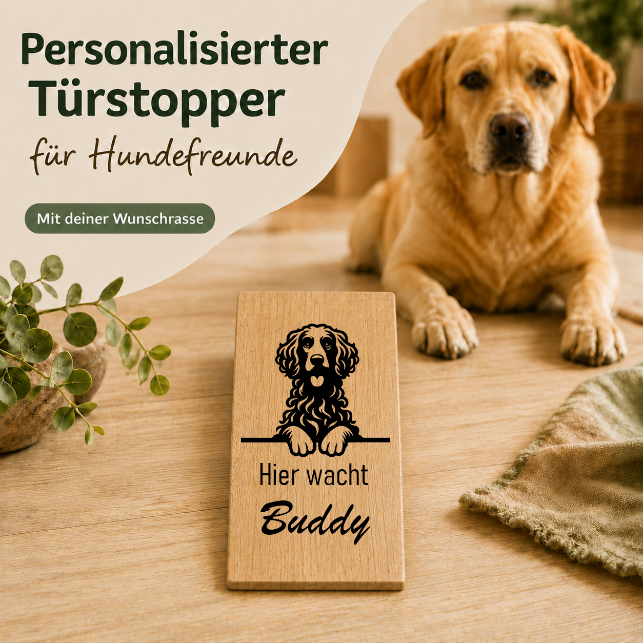 Curly Coated Retriever: Personalisierter Türkeil / Türstopper für Hundefreunde mit Wunschgravur. Buche massiv