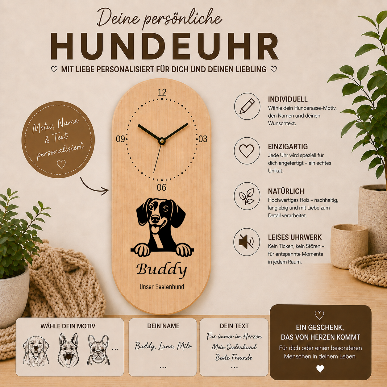 Dackel: Personalisierte Hundeuhr | Wanduhr aus Holz | Geschenk für Hundefreunde & Hundebesitzer