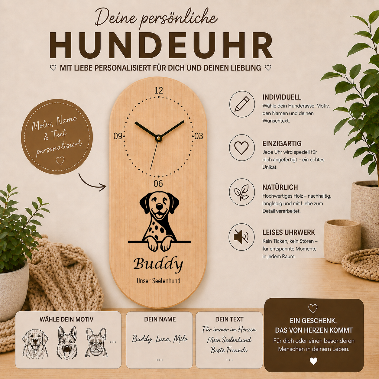 Dalmatiner: Personalisierte Hundeuhr | Wanduhr aus Holz | Geschenk für Hundefreunde & Hundebesitzer