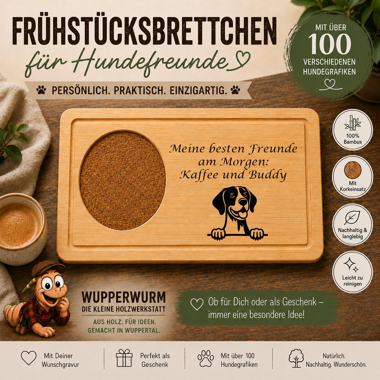 Deutsch Kurzhaar: Personalisiertes Frühstücksbrettchen für Hundefreunde – mit Wunschgravur & Hundemotiv