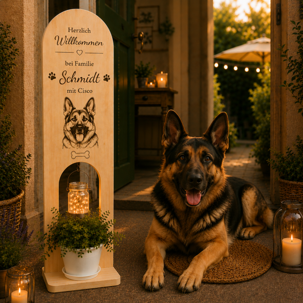 Deutscher Schäferhund: Personalisiertes Willkommensschild aus Holz – unser einzigartiger Willkommensständer für Hundefreunde