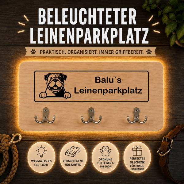 Englische Bulldoge: Beleuchteter Leinenparkplatz – personalisiert mit Name & Hundemotiv