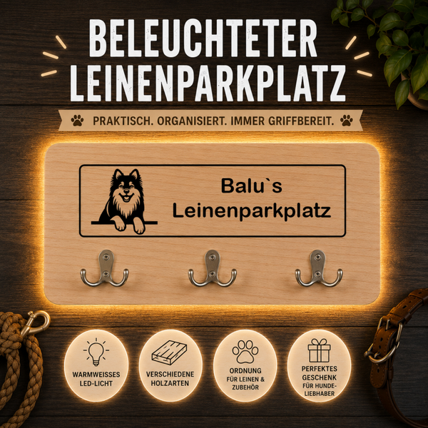 Finnischer Lapphund: Beleuchteter Leinenparkplatz – personalisiert mit Name & Hundemotiv