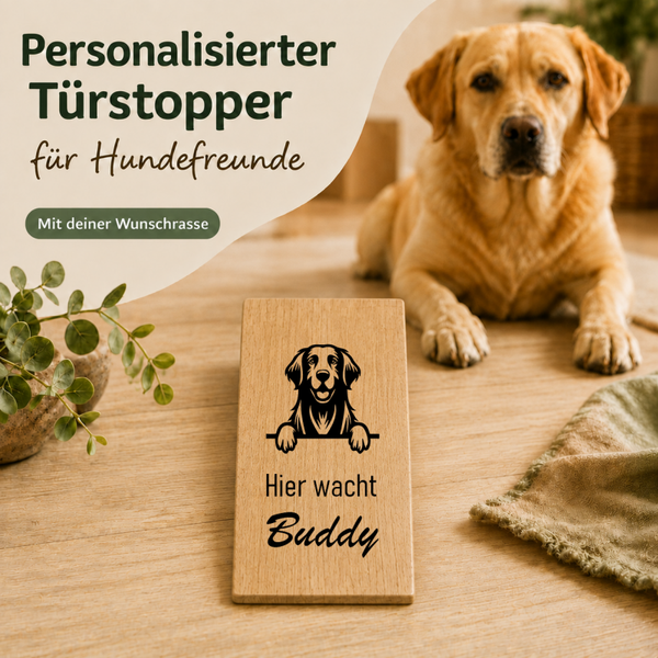 Flat Coated Retriever: Personalisierter Türkeil / Türstopper für Hundefreunde mit Wunschgravur. Buche massiv
