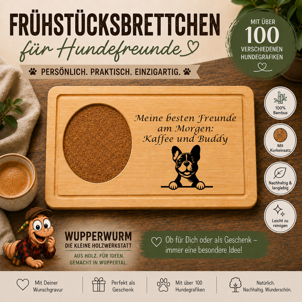 Französische Bulldogge: Personalisiertes Frühstücksbrettchen für Hundefreunde – mit Wunschgravur & Hundemotiv