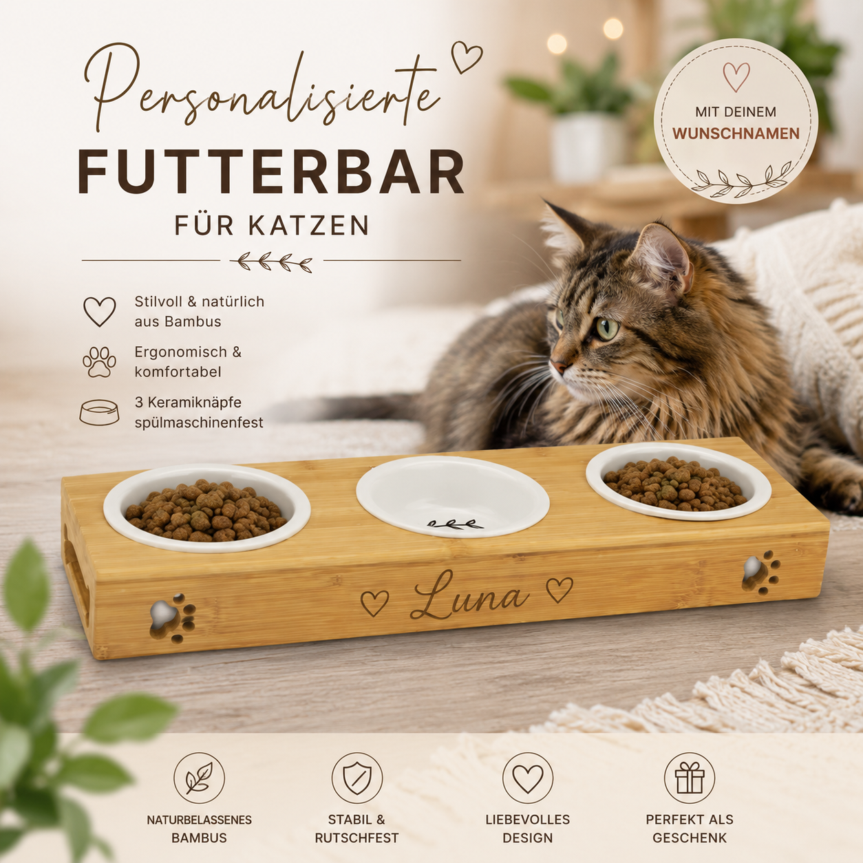Personalisierte Katzen-Futterbar aus Bambus Mit deinem Wunschnamen graviert • 3 Keramiknäpfe inklusive