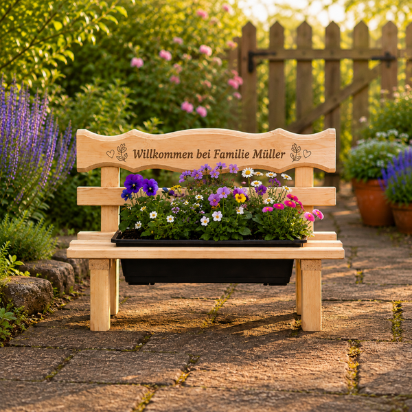 Personalisierte kleine Gartenbank mit Blumenkasten – Holzbank mit Wunschgravur