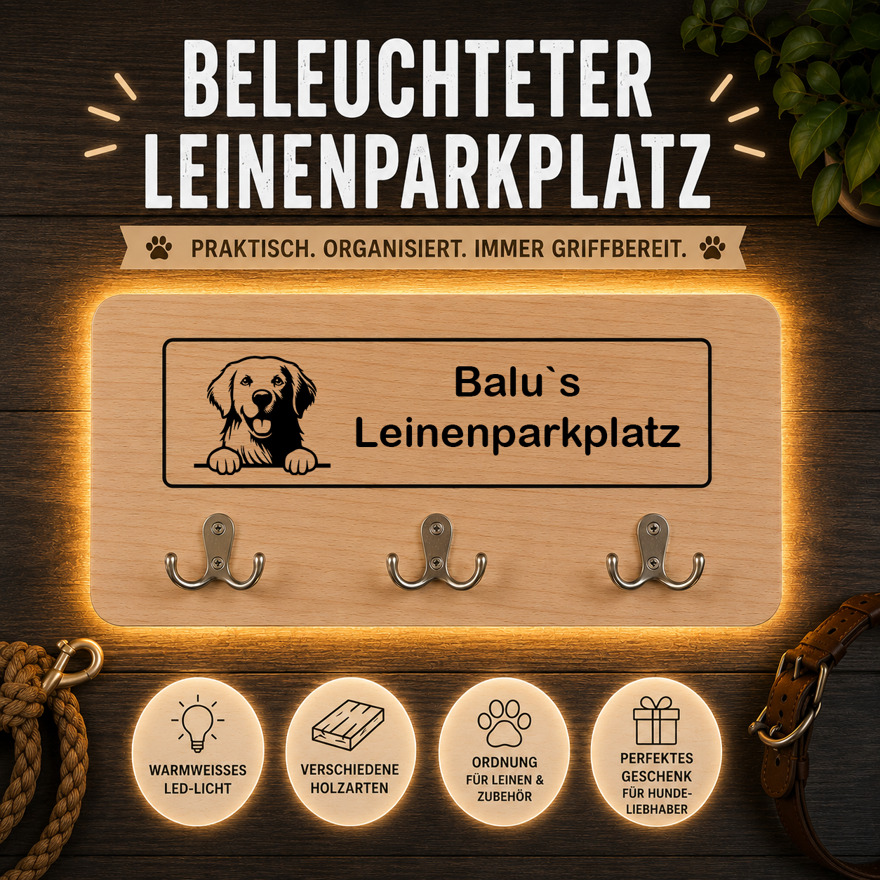 Golden Retriever: Beleuchteter Leinenparkplatz – personalisiert mit Name & Hundemotiv