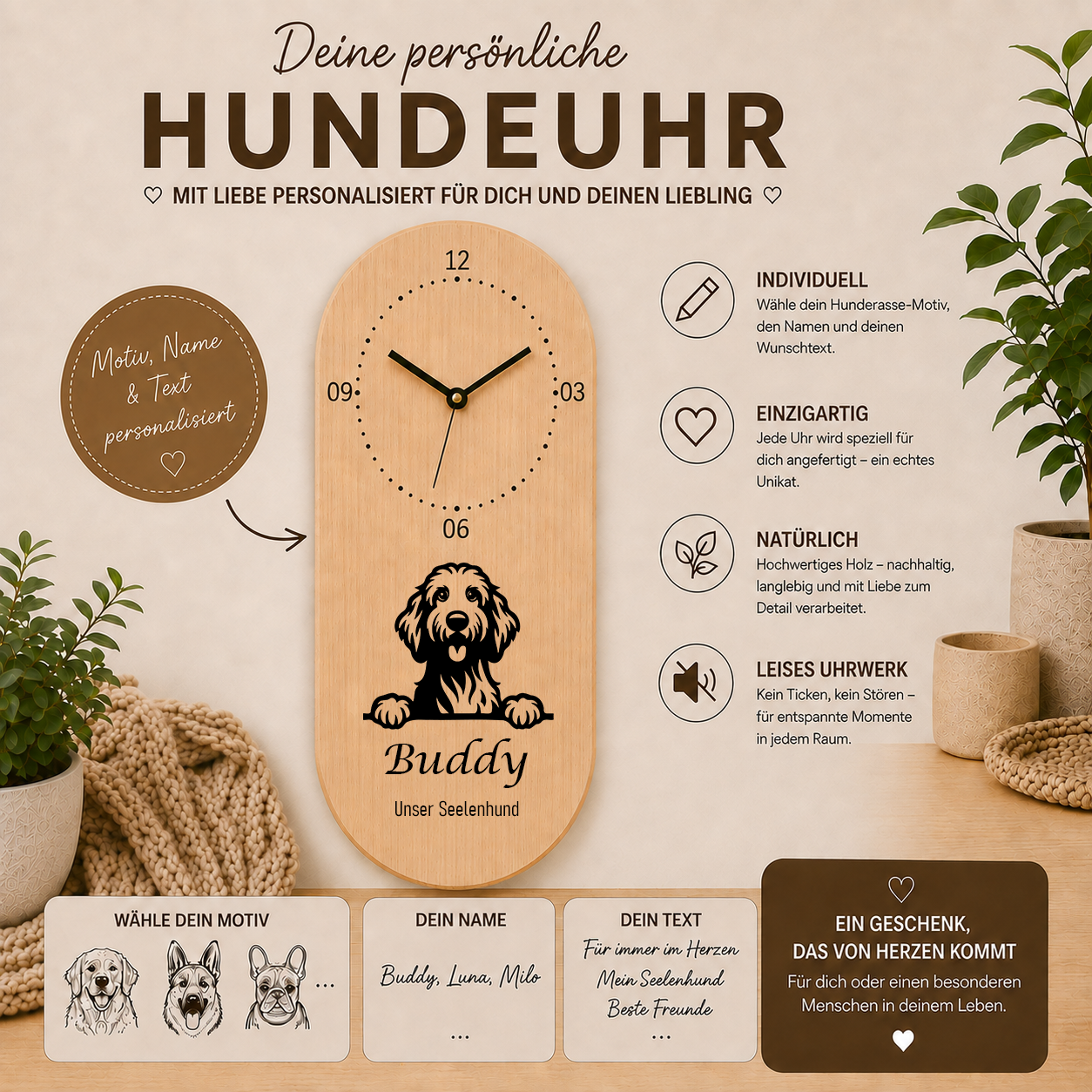 Goldendoodle: Personalisierte Hundeuhr | Wanduhr aus Holz | Geschenk für Hundefreunde & Hundebesitzer