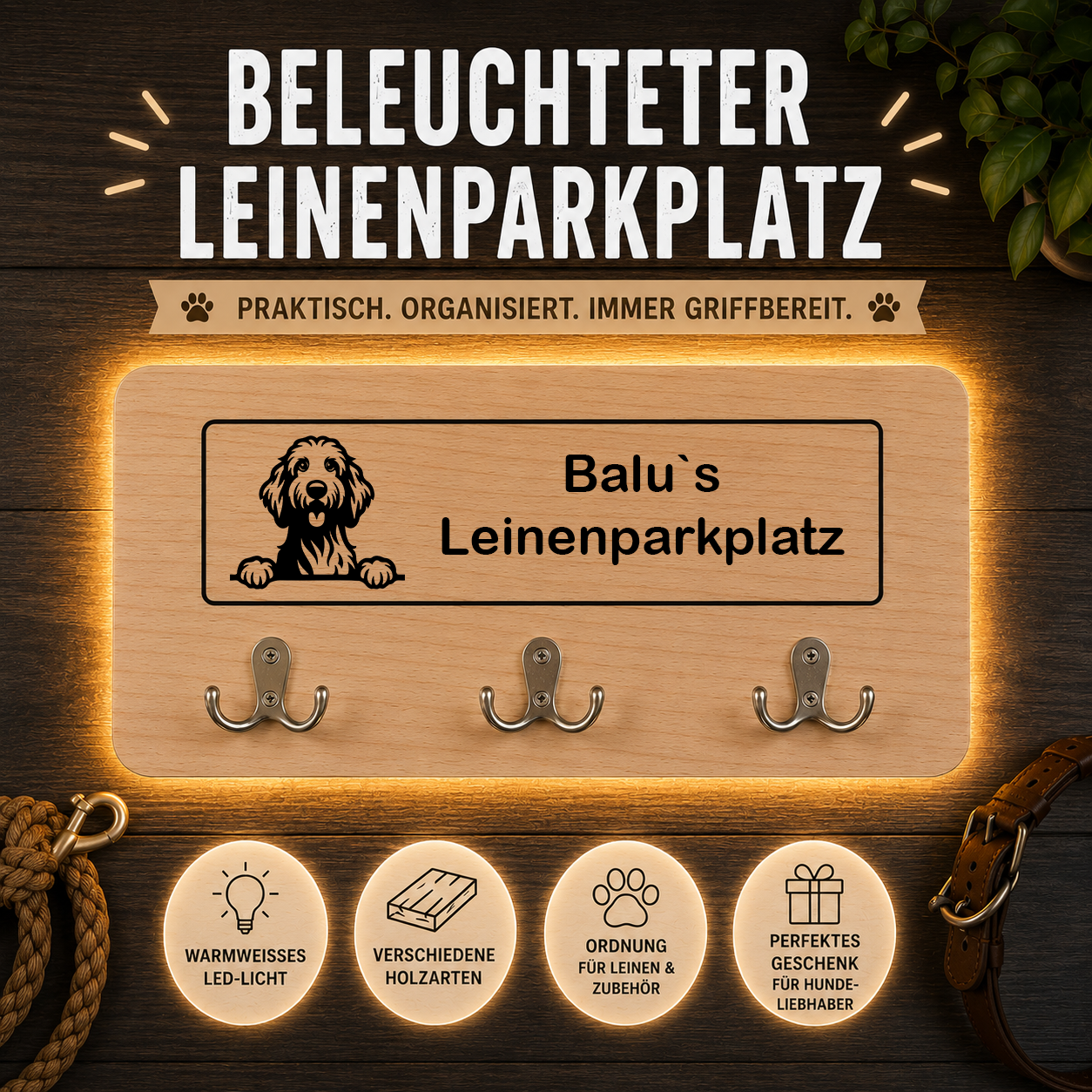 Goldendoodle: Beleuchteter Leinenparkplatz – personalisiert mit Name & Hundemotiv