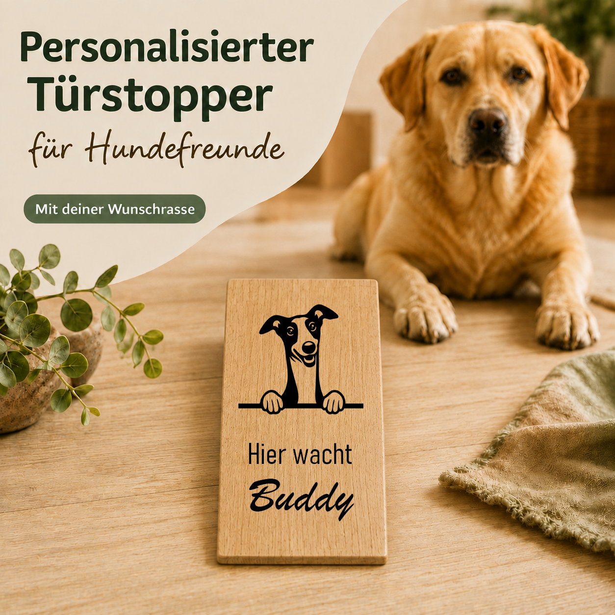 Greyhound: Personalisierter Türkeil / Türstopper für Hundefreunde mit Wunschgravur. Buche massiv