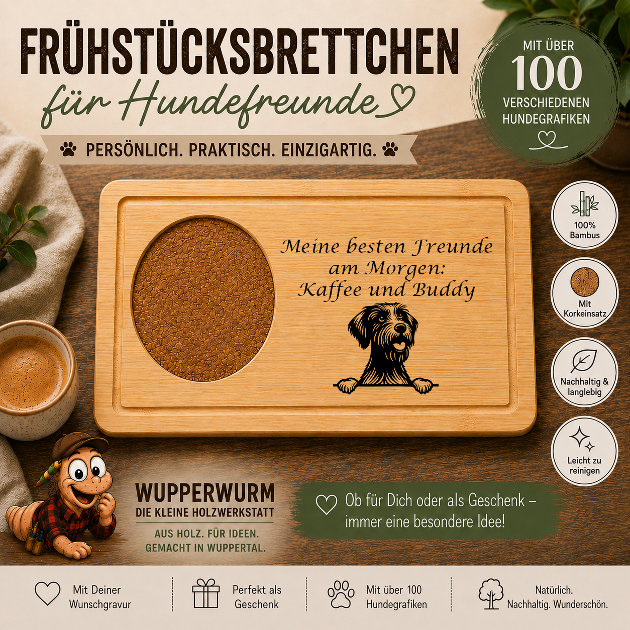Griffon Korthals: Personalisiertes Frühstücksbrettchen für Hundefreunde – mit Wunschgravur & Hundemotiv