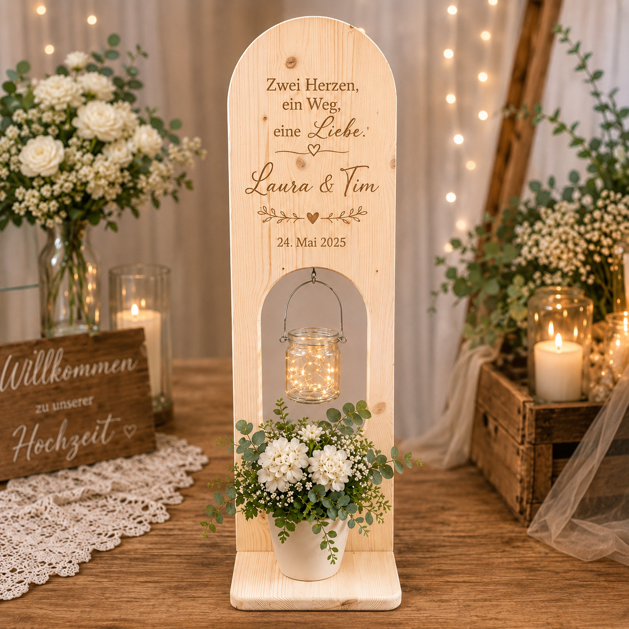 Personalisierter Hochzeitsständer aus Holz mit Lasergravur und Lichterkette mit Timer