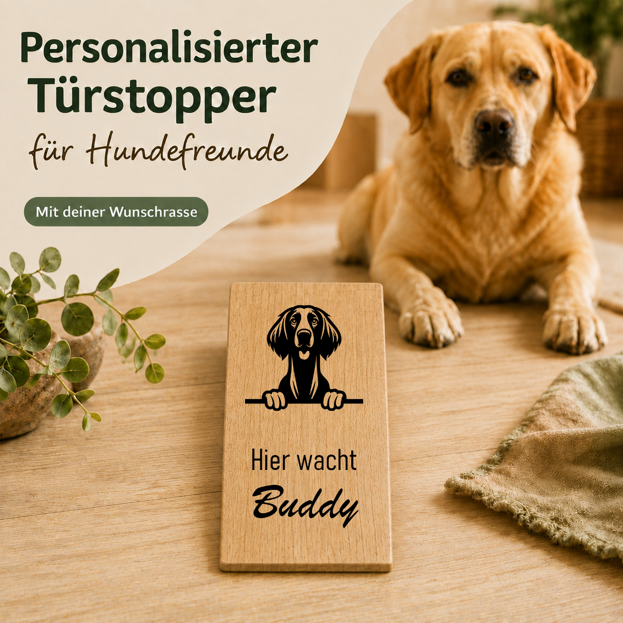 Irish Setter: Personalisierter Türkeil / Türstopper für Hundefreunde mit Wunschgravur. Buche massiv