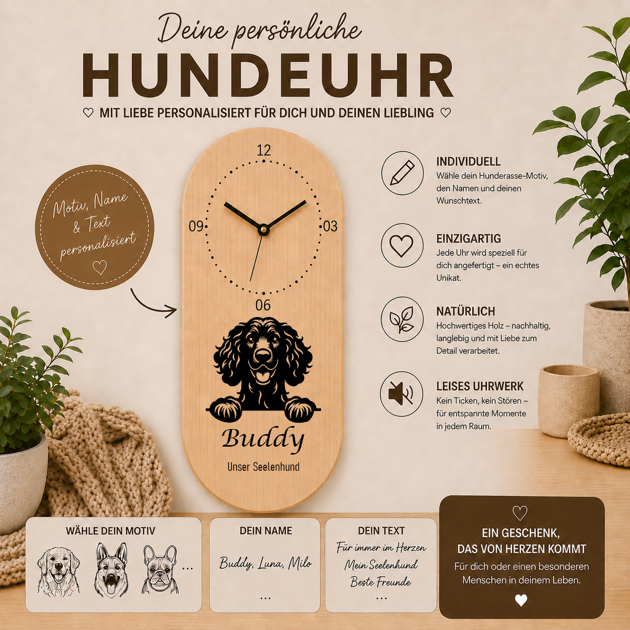Irish Water Spaniel: Personalisierte Hundeuhr | Wanduhr aus Holz | Geschenk für Hundefreunde & Hundebesitzer