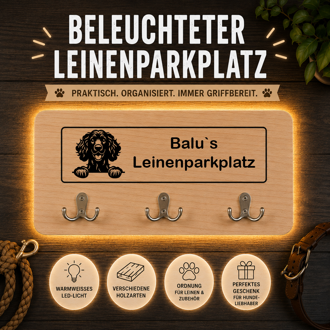 Irish Water Spaniel: Beleuchteter Leinenparkplatz – personalisiert mit Name & Hundemotiv